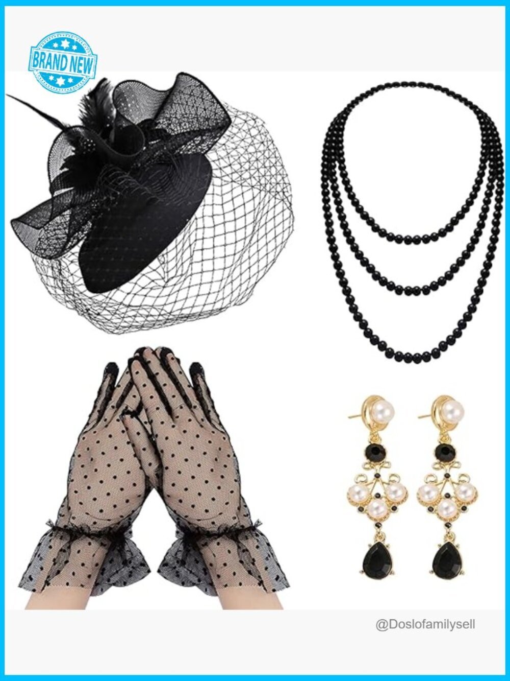 Black Tea Party Fascinator Hat Set with Gloves Necklace Earrings Elegant